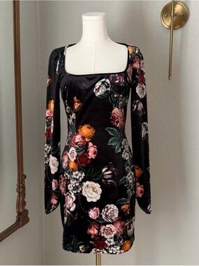 Black Halo Bowery Dress 2 Velvet Floral Mini Long Sleeve Square Neck Vamp